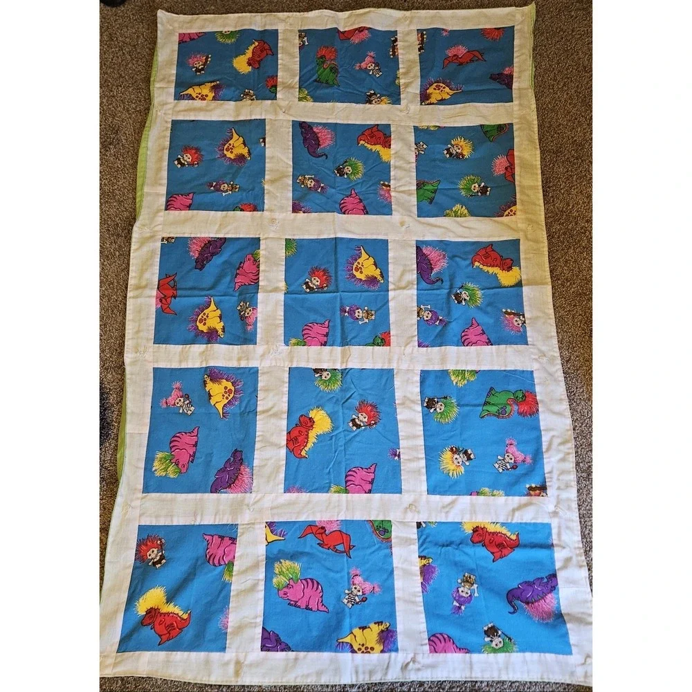 Vintage Trolls Quilt Handmade Patchwork Blanket Retro 90s Kids Throw Colorful